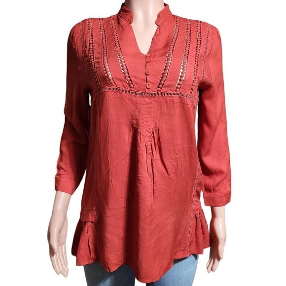Pulp pin tuck mandarin collar 3/4 sleeve peasant style top M - Picture 1 of 6